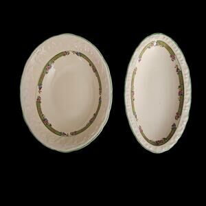 English Brambleberry Oval Serving Bowls Set Floral Green Rim Vintage